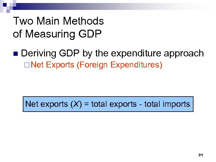 Two Main Methods of Measuring GDP n Deriving GDP by the expenditure approach ¨