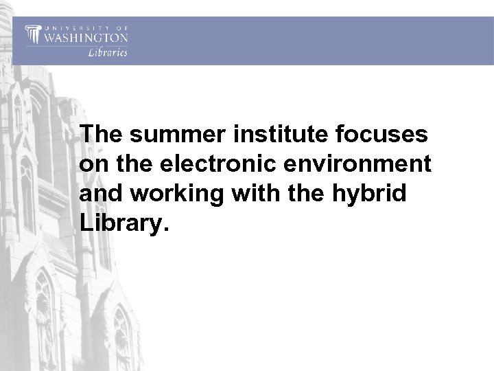 The summer institute focuses on the electronic environment and working with the hybrid Library.