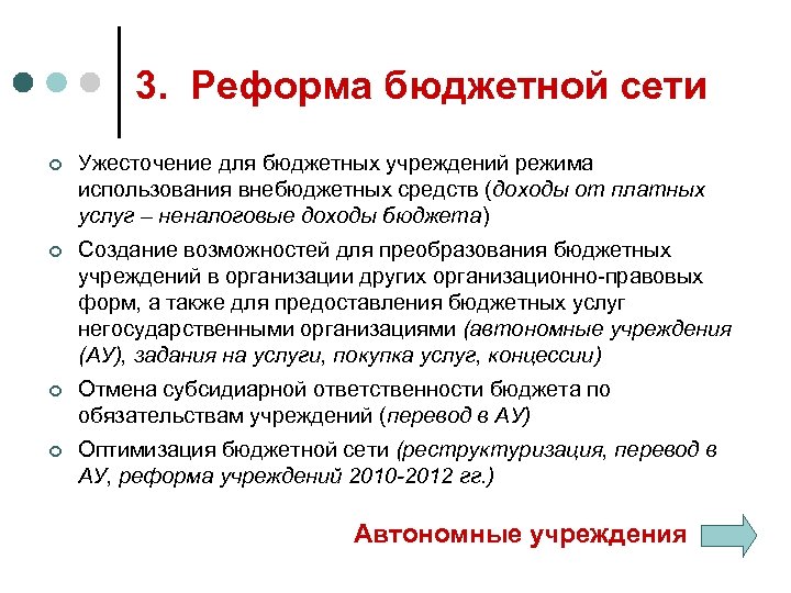 3. Реформа бюджетной сети ¢ Ужесточение для бюджетных учреждений режима использования внебюджетных средств (доходы