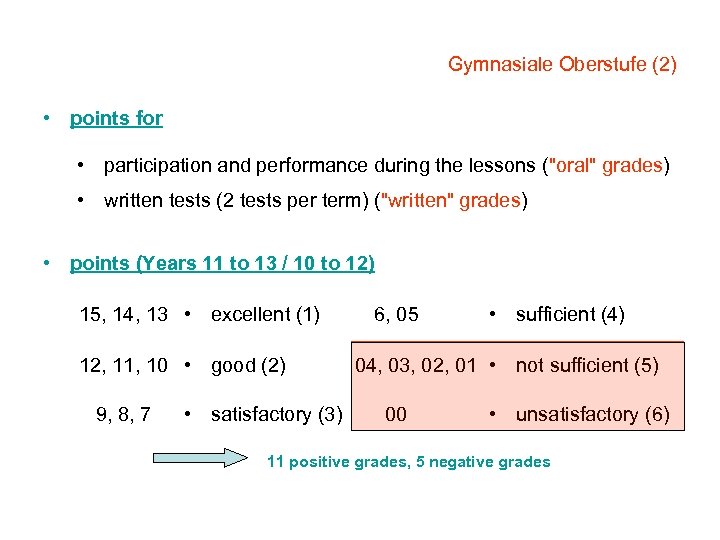 Gymnasiale Oberstufe (2) • points for • participation and performance during the lessons ("oral"