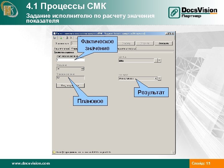 4. 1 Процессы СМК Задание исполнителю по расчету значения показателя Фактическое значение Результат Плановое