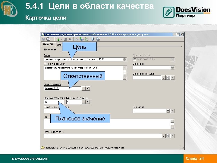 5. 4. 1 Цели в области качества Карточка цели Цель Ответственный Плановое значение www.