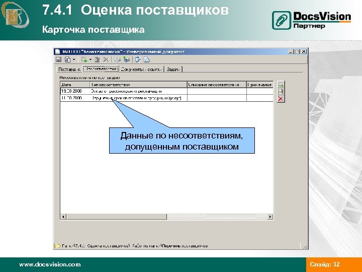 7. 4. 1 Оценка поставщиков Карточка поставщика Поставщик Тип Категория по результатам последней оценки