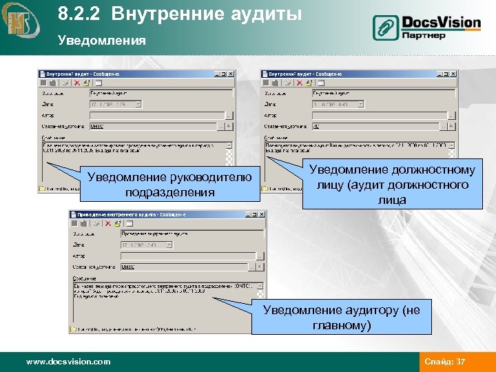 8. 2. 2 Внутренние аудиты Уведомления Уведомление руководителю подразделения Уведомление должностному лицу (аудит должностного