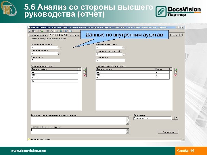 5. 6 Анализ со стороны высшего руководства (отчет) Данные по внутренним аудитам Вкладки с