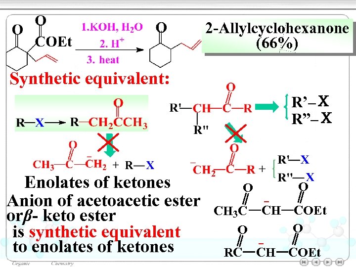 2 -Allylcyclohexanone (66%) Synthetic equivalent: R’–Ｘ R”–Ｘ Enolates of ketones Anion of acetoacetic ester