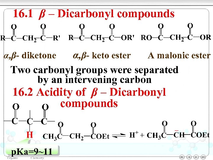 16. 1 β – Dicarbonyl compounds α, β- keto ester A malonic ester Two