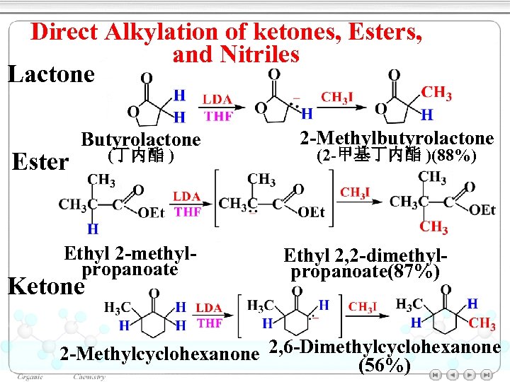 Direct Alkylation of ketones, Esters, and Nitriles Lactone Ester Butyrolactone (丁内酯 ) Ethyl 2