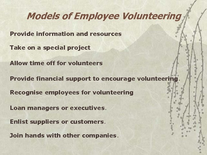 Models of Employee Volunteering Provide information and resources Take on a special project Allow