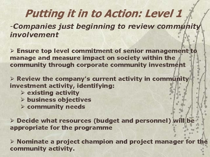 Putting it in to Action: Level 1 -Companies just beginning to review community involvement