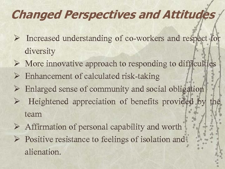 Changed Perspectives and Attitudes Ø Increased understanding of co-workers and respect for diversity Ø