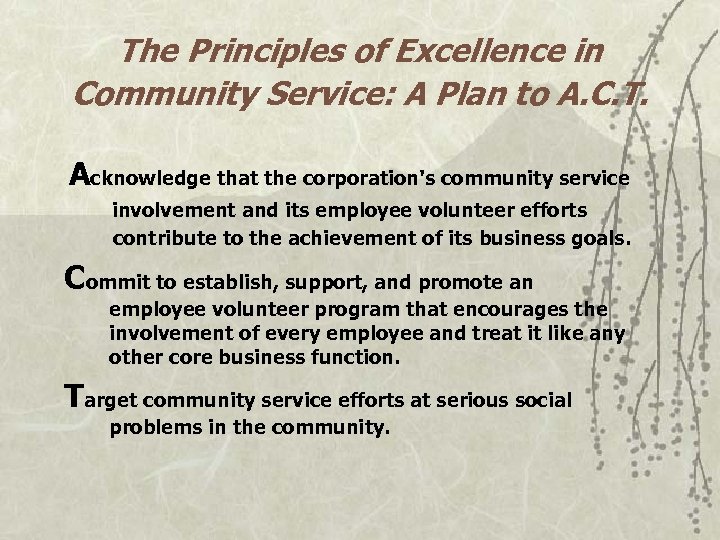 The Principles of Excellence in Community Service: A Plan to A. C. T. Acknowledge