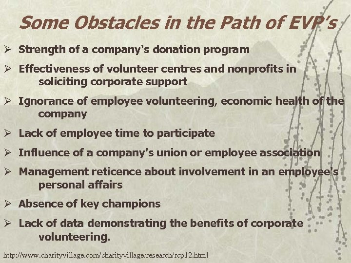 Some Obstacles in the Path of EVP’s Ø Strength of a company's donation program
