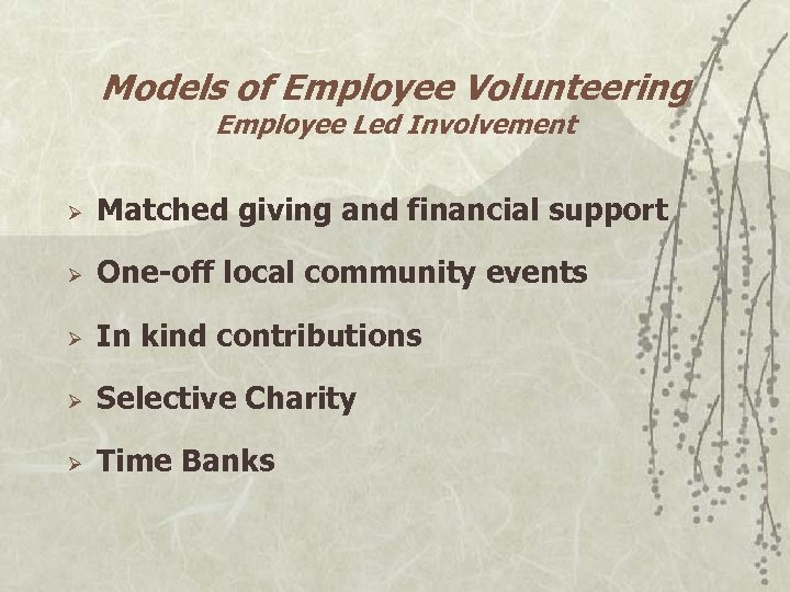 Models of Employee Volunteering Employee Led Involvement Ø Matched giving and financial support Ø