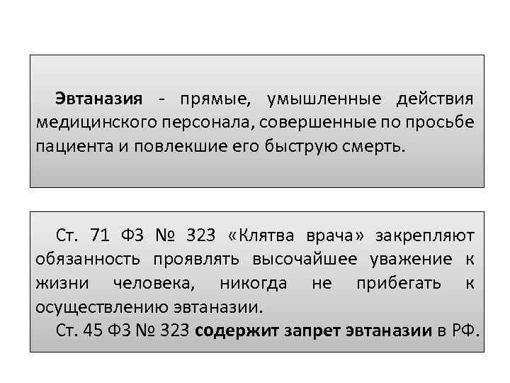 Эвтаназия - прямые, умышленные действия медицинского персонала, совершенные по просьбе пациента и повлекшие его
