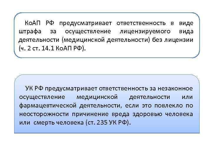 Ко. АП РФ предусматривает ответственность в виде штрафа за осуществление лицензируемого вида деятельности (медицинской
