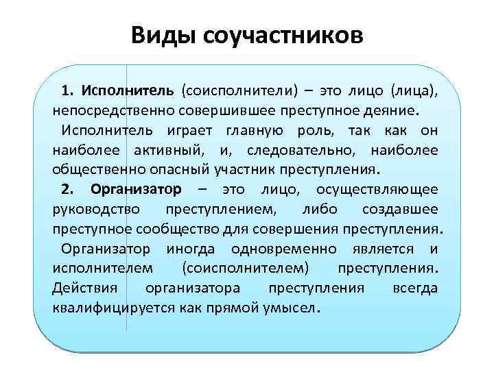 Виды соучастников. Виды соучастников исполнитель. Соисполнитель преступления это. Исполнитель соисполнитель пособник. Виды исполнителей преступления.