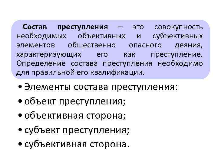 Состав преступления – это совокупность необходимых объективных и субъективных элементов общественно опасного деяния, характеризующих