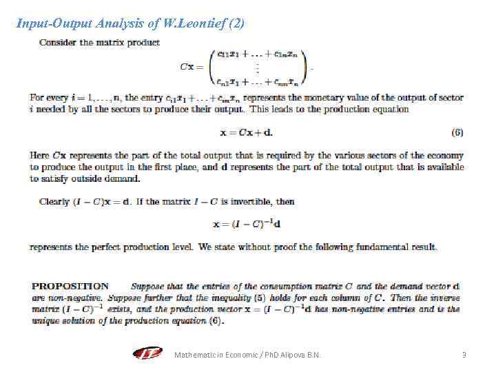 Input-Output Analysis of W. Leontief (2) Mathematic in Economic / Ph. D Alipova B.