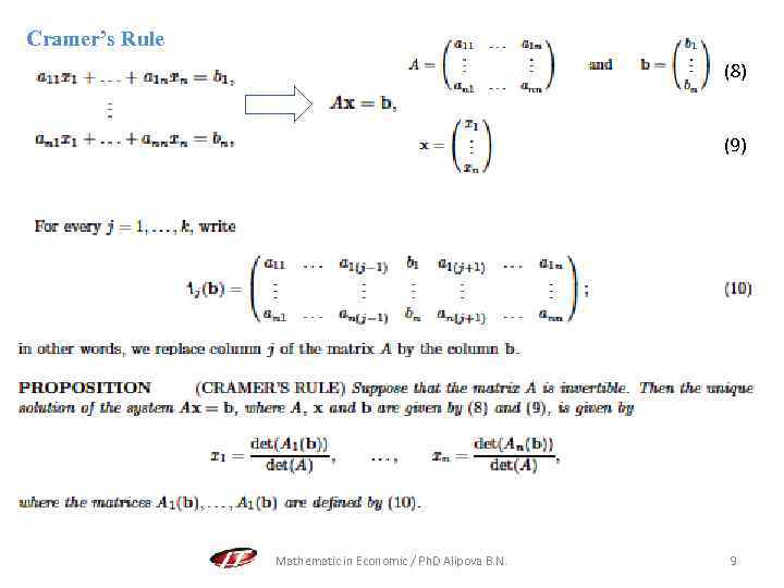 Cramer’s Rule (8) (9) Mathematic in Economic / Ph. D Alipova B. N. 9