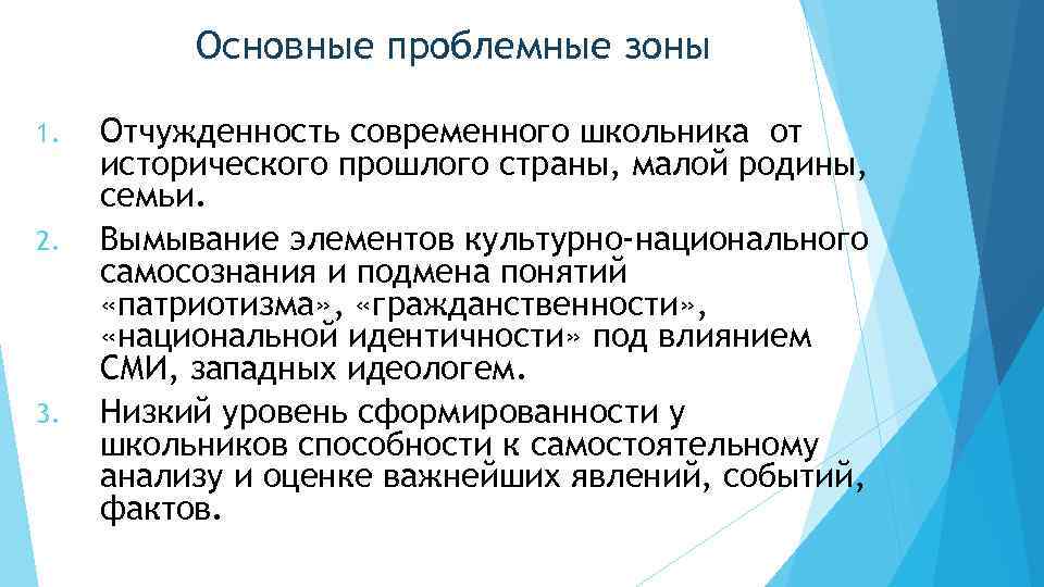 Основные проблемные зоны 1. 2. 3. Отчужденность современного школьника от исторического прошлого страны, малой