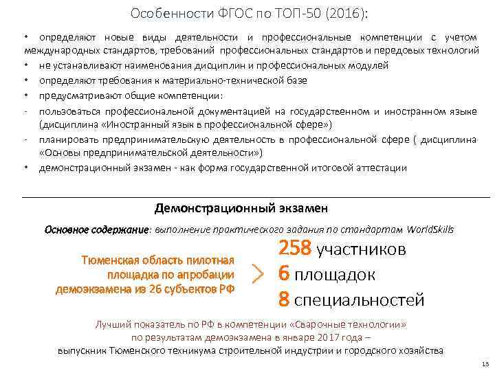 Особенности ФГОС по ТОП-50 (2016): • определяют новые виды деятельности и профессиональные компетенции с