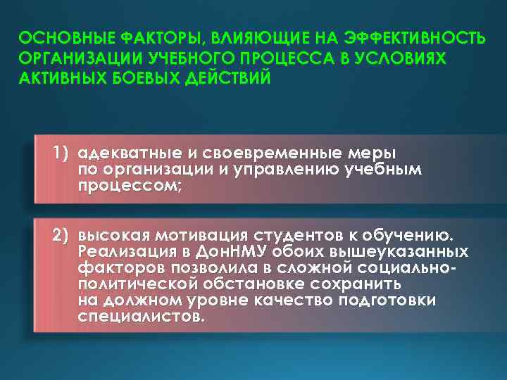 ОСНОВНЫЕ ФАКТОРЫ, ВЛИЯЮЩИЕ НА ЭФФЕКТИВНОСТЬ ОРГАНИЗАЦИИ УЧЕБНОГО ПРОЦЕССА В УСЛОВИЯХ АКТИВНЫХ БОЕВЫХ ДЕЙСТВИЙ 1)