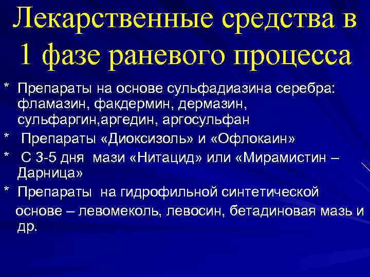 Лекарственные средства в 1 фазе раневого процесса * Препараты на основе сульфадиазина серебра: фламазин,