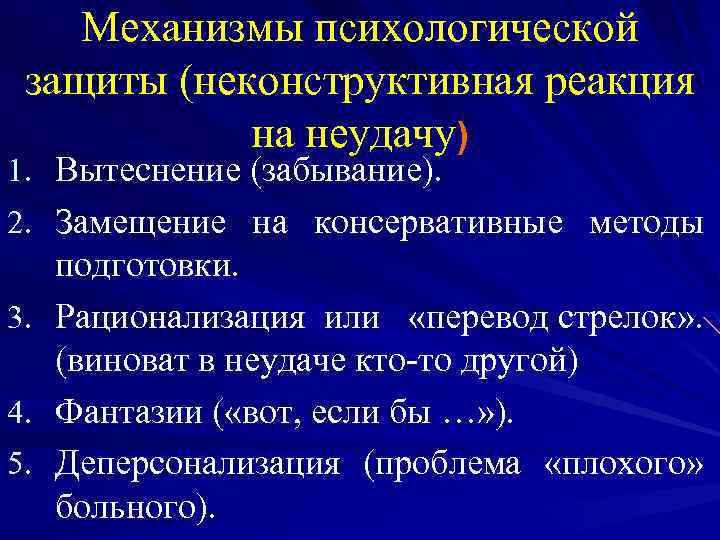 Механизмы психологической защиты (неконструктивная реакция на неудачу) 1. Вытеснение (забывание). 2. Замещение на консервативные