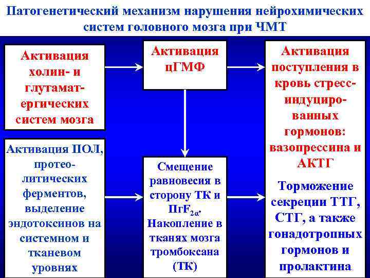 Патогенетический механизм нарушения нейрохимических систем головного мозга при ЧМТ Активация холин- и глутаматергических систем