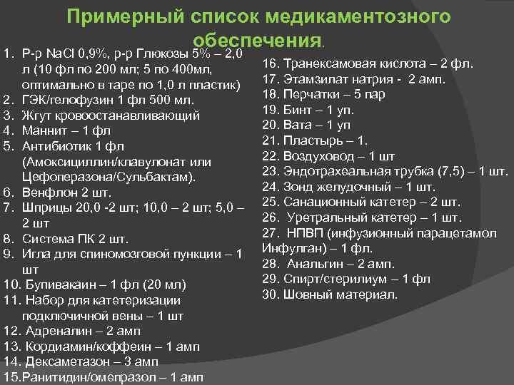 Примерный список медикаментозного обеспечения. 1. Р-р Na. Cl 0, 9%, р-р Глюкозы 5% –