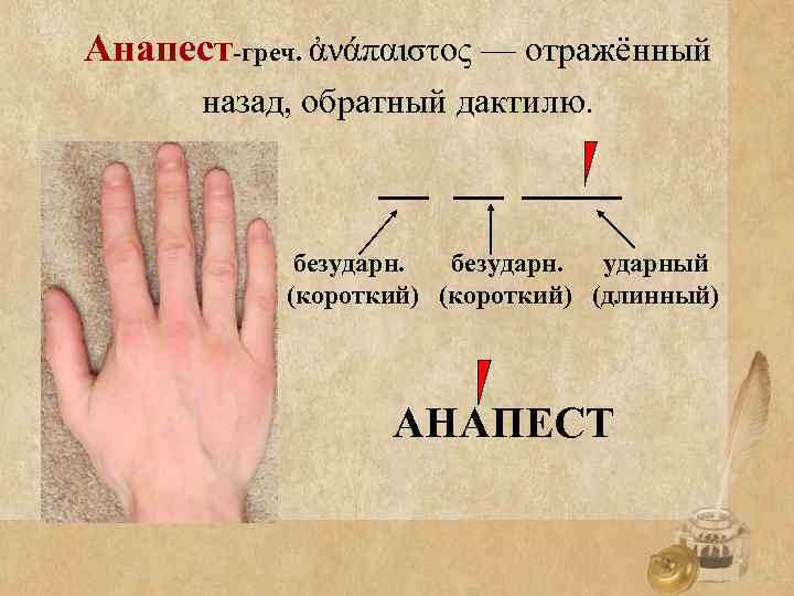 Анапест-греч. ἀνάπαιστος — отражённый назад, обратный дактилю. безударный (короткий) (длинный) АНАПЕСТ 