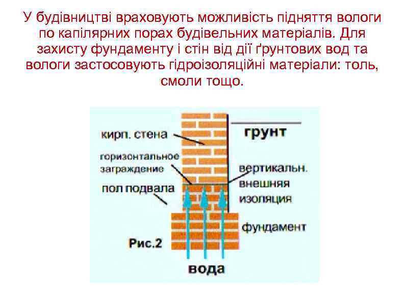 У будівництві враховують можливість підняття вологи по капілярних порах будівельних матеріалів. Для захисту фундаменту