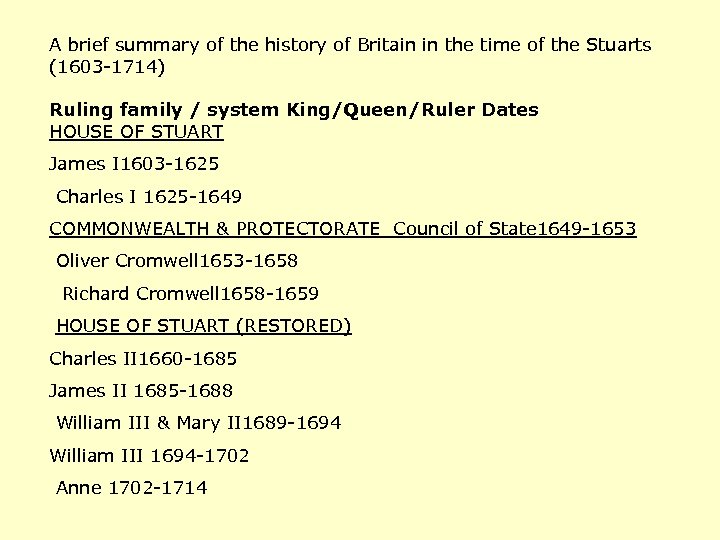 A brief summary of the history of Britain in the time of the Stuarts