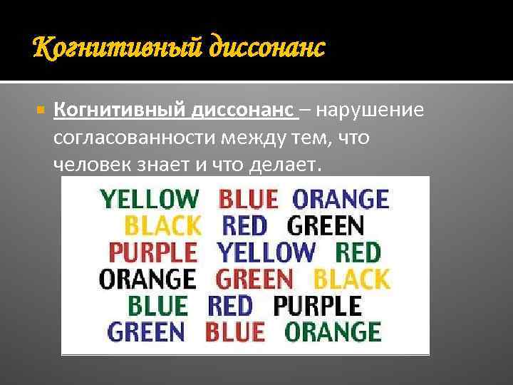 Когнитивный диссонанс – нарушение согласованности между тем, что человек знает и что делает. 