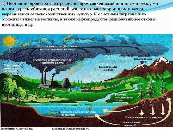 4) Постоянно происходит загрязнение промышленными или иными отходами почвы - среды обитания растений, животных,