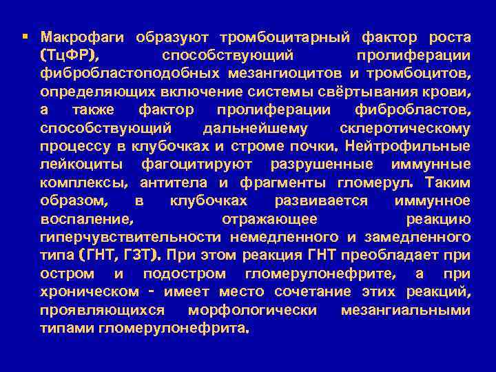 § Макрофаги образуют тромбоцитарный фактор роста (Тц. ФР), способствующий пролиферации фибробластоподобных мезангиоцитов и тромбоцитов,