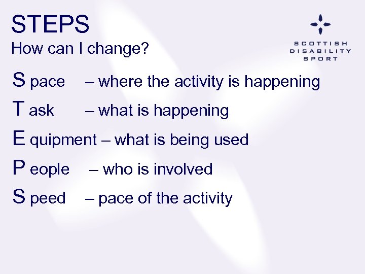STEPS How can I change? S pace – where the activity is happening T