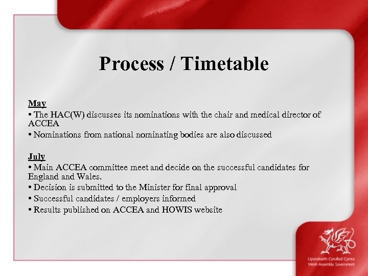 Process / Timetable May • The HAC(W) discusses its nominations with the chair and