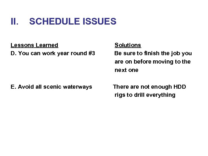 II. SCHEDULE ISSUES Lessons Learned D. You can work year round #3 Solutions Be
