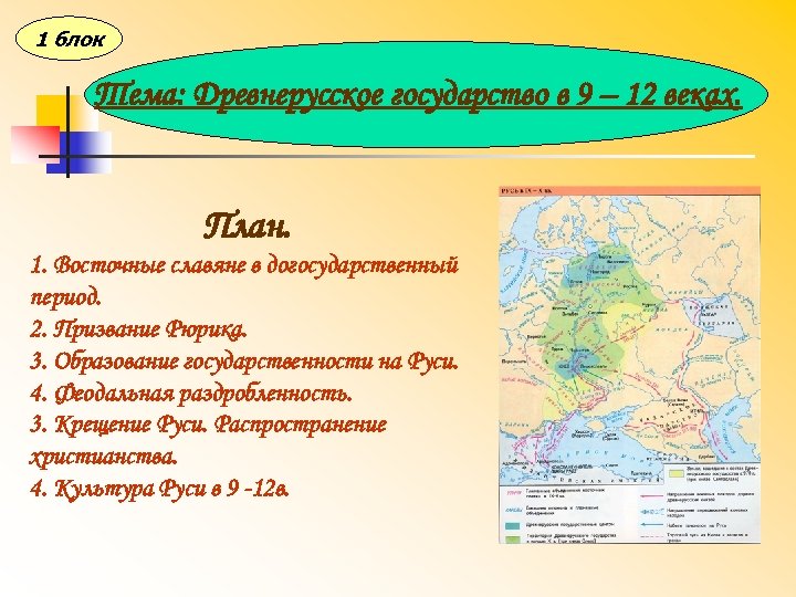1 блок Тема: Древнерусское государство в 9 – 12 веках. План. 1. Восточные славяне