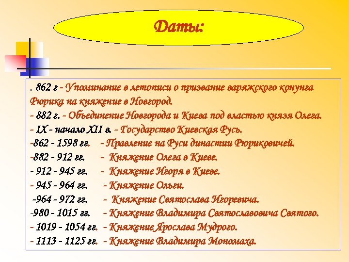 Даты: 862 г Упоминание в летописи о призвание варяжского конунга Рюрика на княжение в