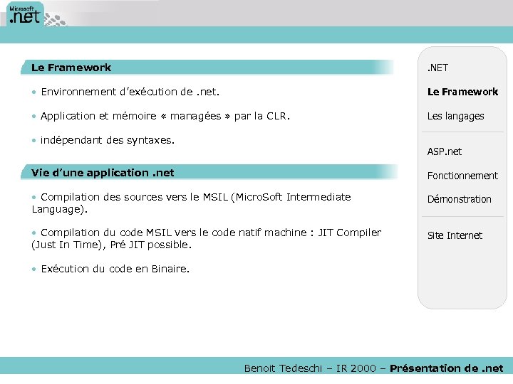 Le Framework . NET • Environnement d’exécution de. net. Le Framework • Application et