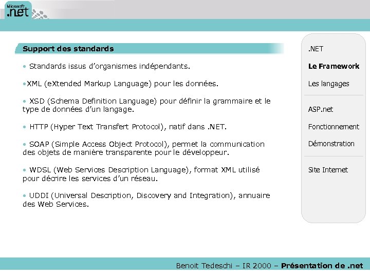 Support des standards . NET • Standards issus d’organismes indépendants. Le Framework • XML