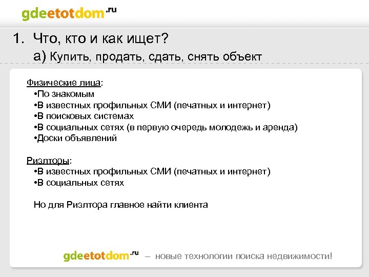 1. Что, кто и как ищет? а) Купить, продать, снять объект Физические лица: •
