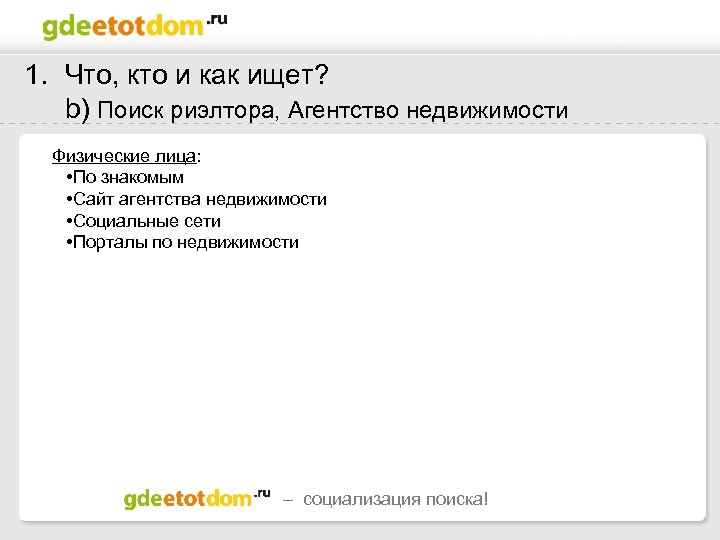 1. Что, кто и как ищет? b) Поиск риэлтора, Агентство недвижимости Физические лица: •