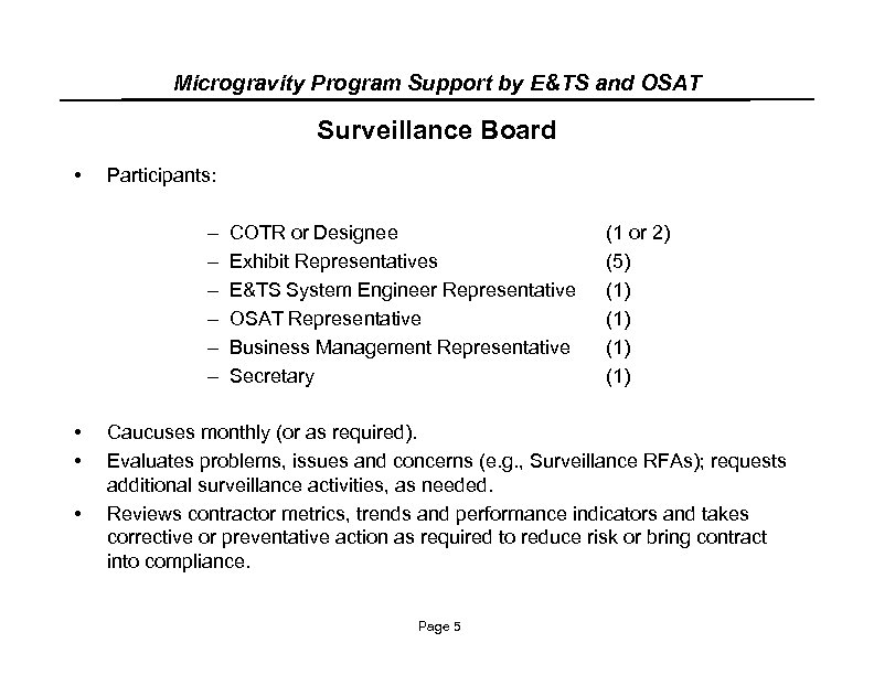 Microgravity Program Support by E&TS and OSAT Surveillance Board • Participants: – – –