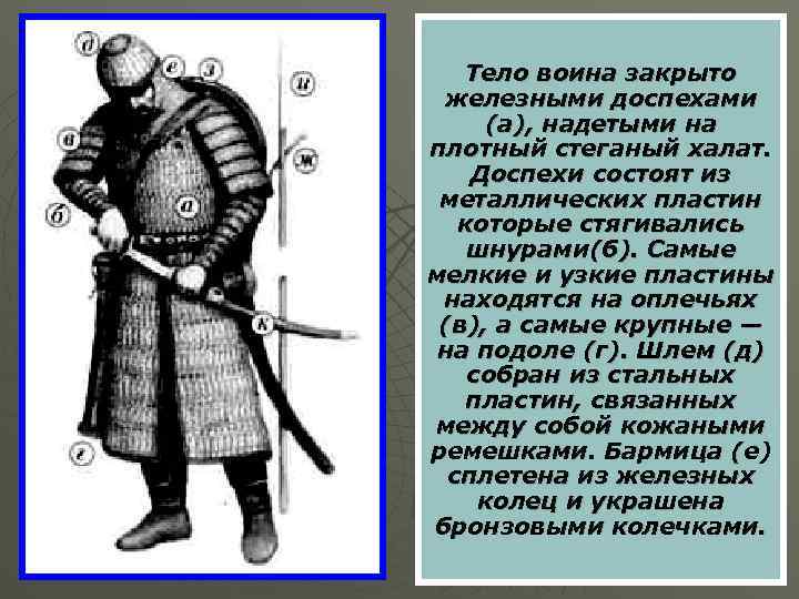 Тело воина закрыто железными доспехами (а), надетыми на плотный стеганый халат. Доспехи состоят из