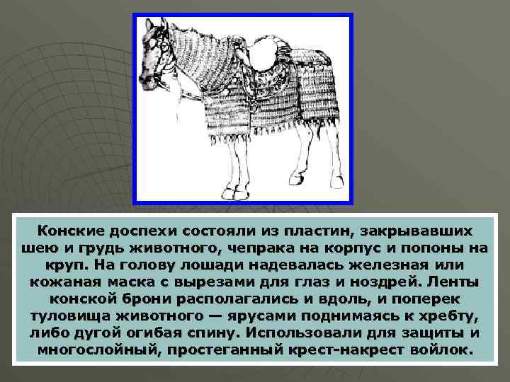 Конские доспехи состояли из пластин, закрывавших шею и грудь животного, чепрака на корпус и