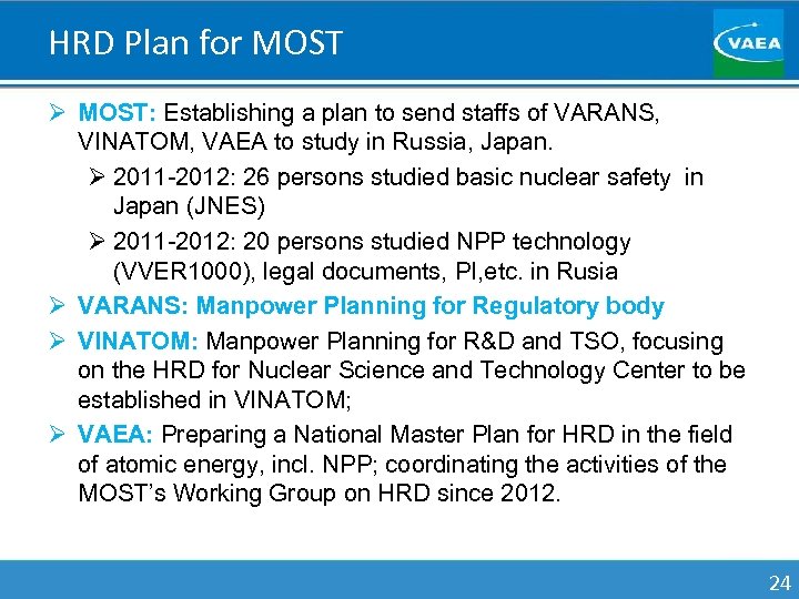 HRD Plan for MOST Ø MOST: Establishing a plan to send staffs of VARANS,